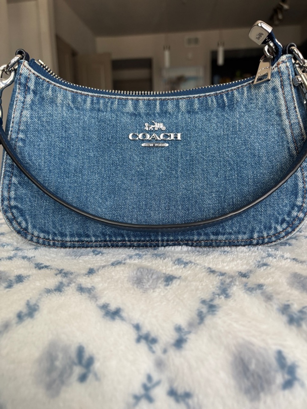 Coach Denim Crescent Mini Bag in Blue with Silver Hardware